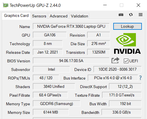 NVIDIA GeForce RTX 3060 LaptopのGPU-Z情報