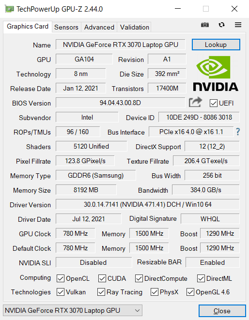 NVIDIA GeForce RTX 3070 LaptopのGPU-Z情報