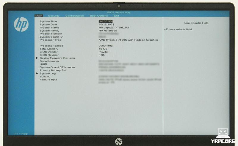 HP 14-emのBIOS画面でファンクションキーの設定する手順1